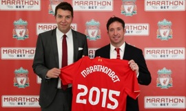 Shaun Simmonds of Marathonbet (left) with Liverpool legend and club ambassador Robbie Fowler