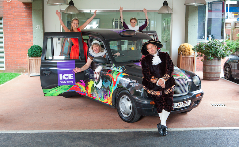 Kate Chambers (at the wheel) with, left to right, Ewa Bakun (head of content), Susan Miller (operations manager) and Greg Saint (event director) at the photoshoot