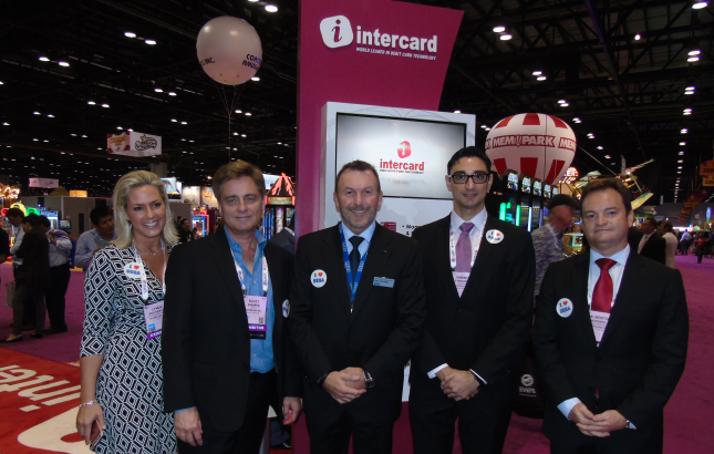 Image: Left to right, Lynda Brotherton, director of marketing at Intercard; Scott Sherrod, Intercard CEO; Sega’s Paul Williams; Gabino Stergides of Electrocoin and Intercard’s vice president of international sales, Alberto Borrero.