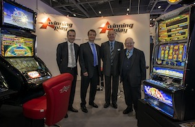 Quixant's Gary Mullins and Nick Jarmany and Ainsworth's Danny Gladstone and Len Ainsworth.