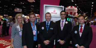Image: Left to right, Lynda Brotherton, director of marketing at Intercard; Scott Sherrod, Intercard CEO; Sega’s Paul Williams; Gabino Stergides of Electrocoin and Intercard’s vice president of international sales, Alberto Borrero.