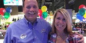 Main Event’s VP of Operations Wayne Stancil with Rachelle Granger, Intercard sales, at the Main Event – Olathe grand opening party
